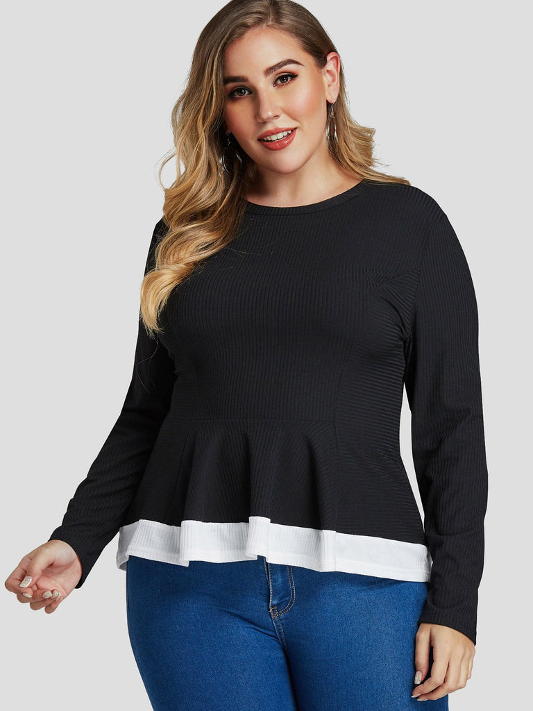 Round Neck Plain Pleated Long Sleeve Flounced Hem Black Plus Size Tops