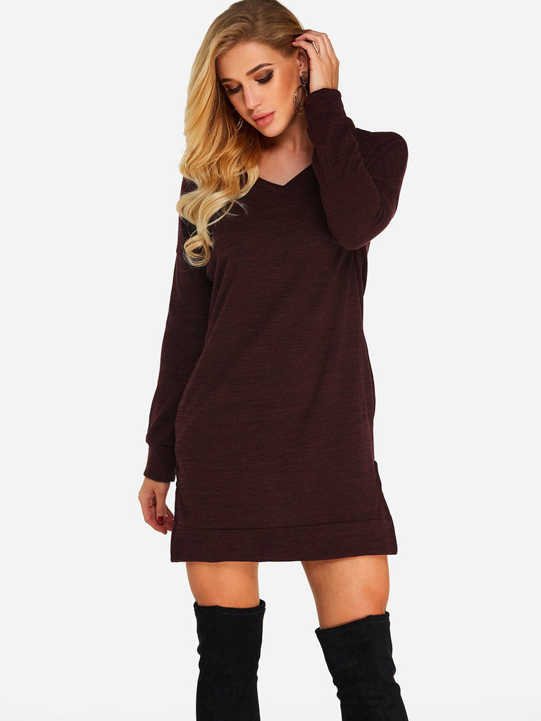 Burgundy V-Neck Long Sleeve Plain Slit Hem Dresses