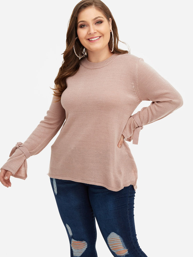 Round Neck Plain Self-Tie Long Sleeve Plus Size Tops