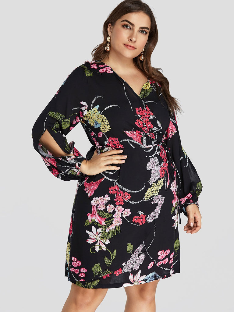 V-Neck Floral Print Slit Self-Tie Wrap Long Sleeve Plus Size Dress