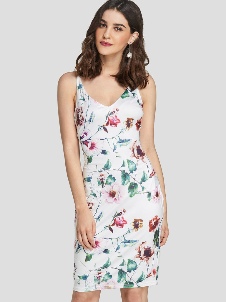 White V-Neck Sleeveless Floral Print Backless Dresses