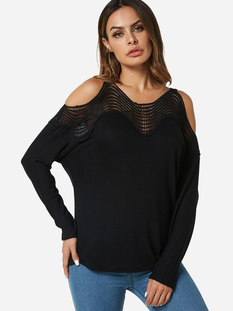 V-Neck Hollow Long Sleeve Black T-Shirts