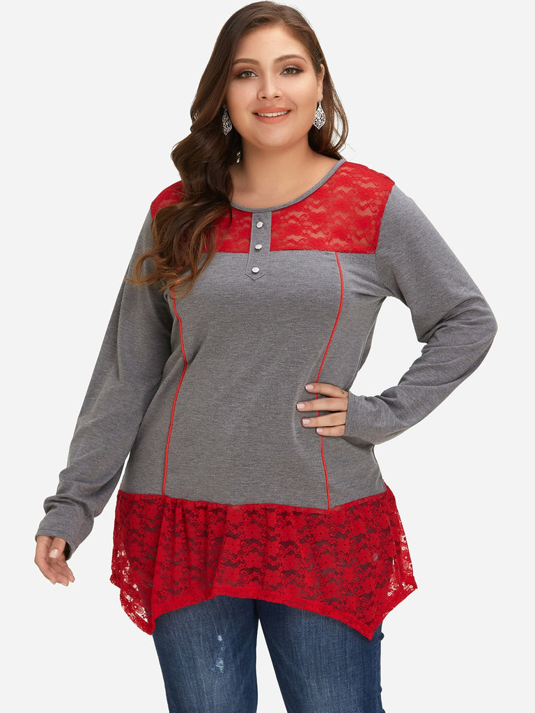 Round Neck Lace Long Sleeve Irregular Hem Grey Plus Size Tops