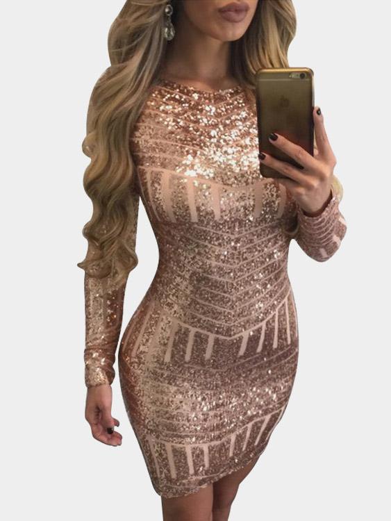 Gold Crew Neck Long Sleeve Zip Back Backless Bodycon Sexy Dress