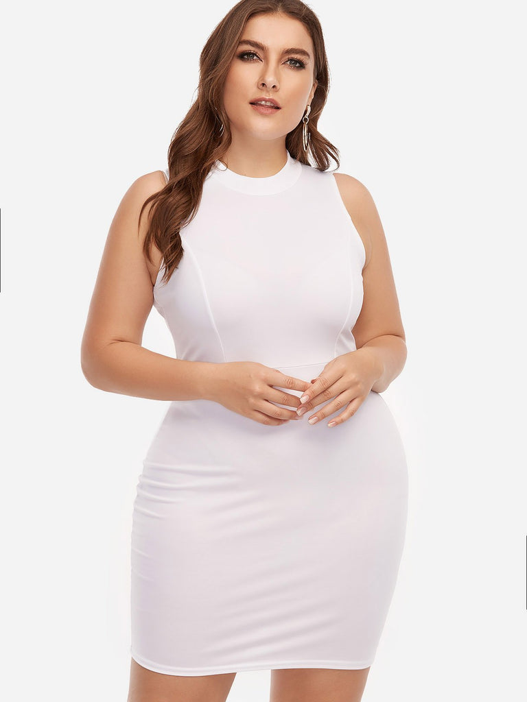 Round Neck Plain Backless Cut Out Sleeveless White Plus Size Dresses