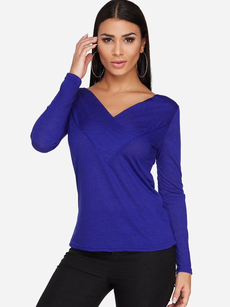 V-Neck Plain Pleated Long Sleeve T-Shirts