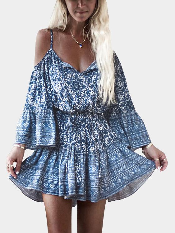 Blue V-Neck Long Sleeve Printed Mini Dress