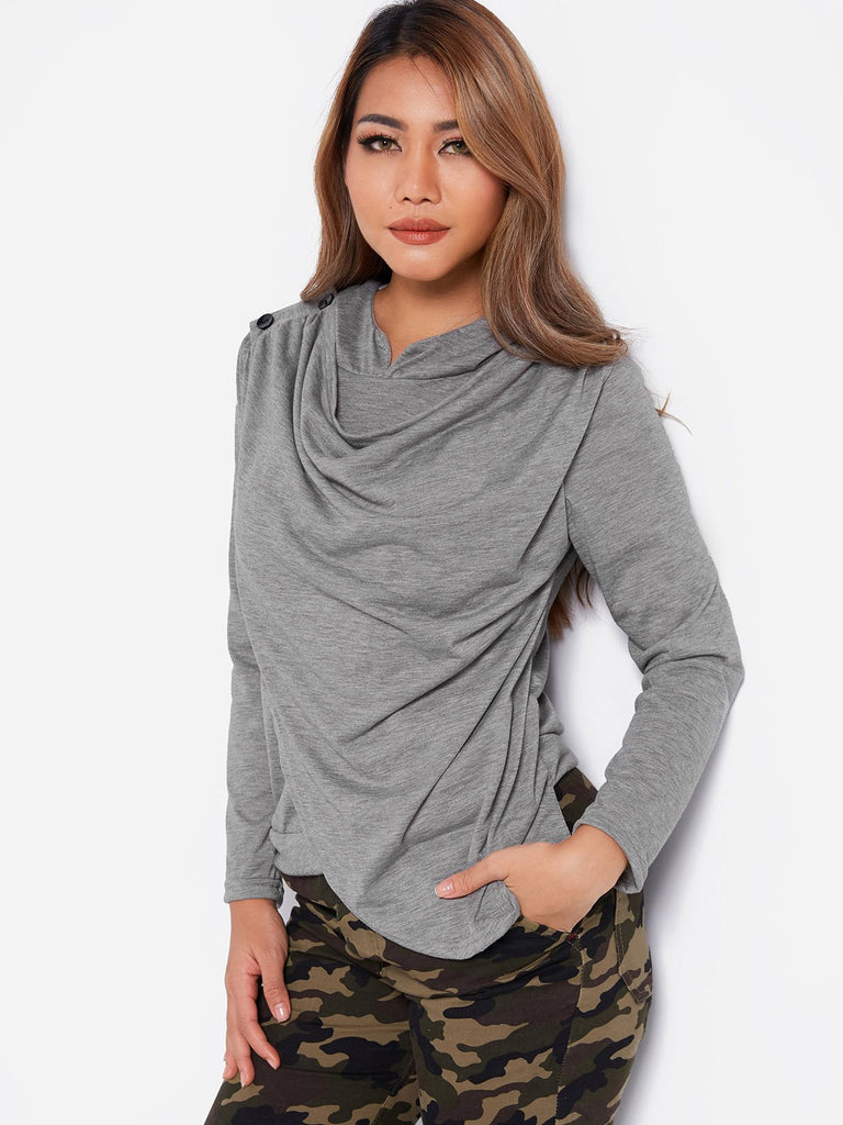 Drape Sagging Plain Crossed Front Hooded Long Sleeve Irregular Hem Grey Top