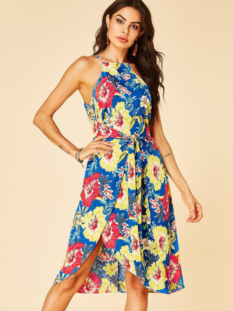 Blue Halter Sleeveless Floral Print Self-Tie Irregular Hem Casual Dress