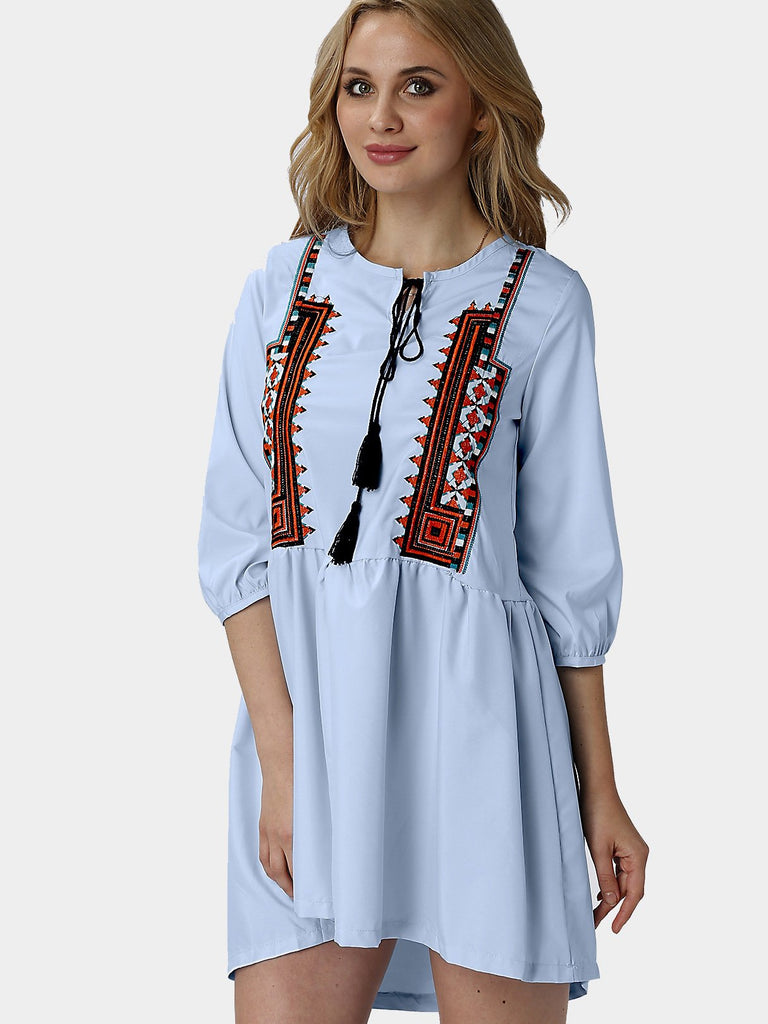 Blue Round Neck 3/4 Length Sleeve Embroidered Tassel Casual Dress