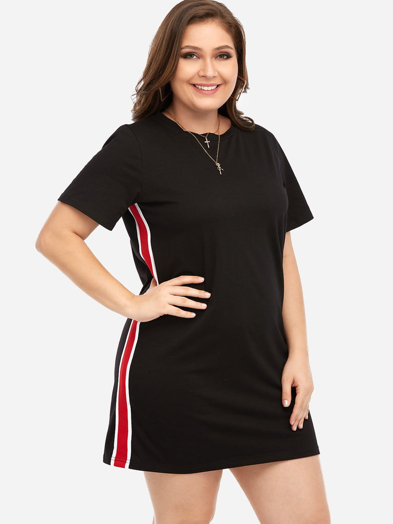 Round Neck Stripe Short Sleeve Black Plus Size Dresses