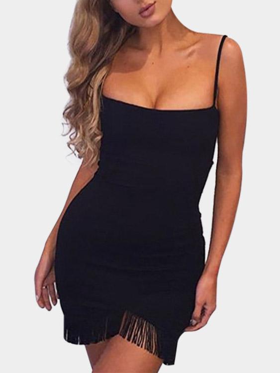 Black Strapless Sleeveless Tassel Hem Sexy Dresses