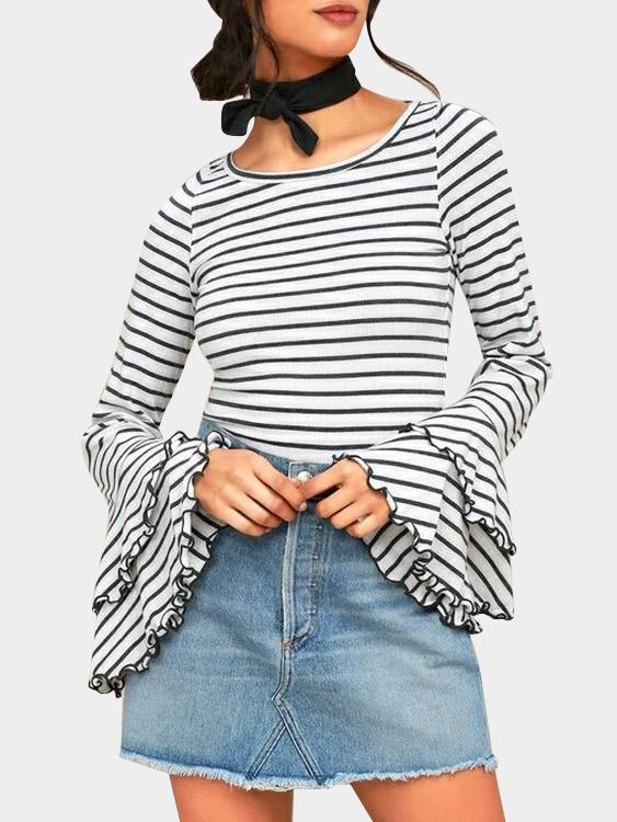 Stripe Round Neck Flared Sleeves T-Shirts