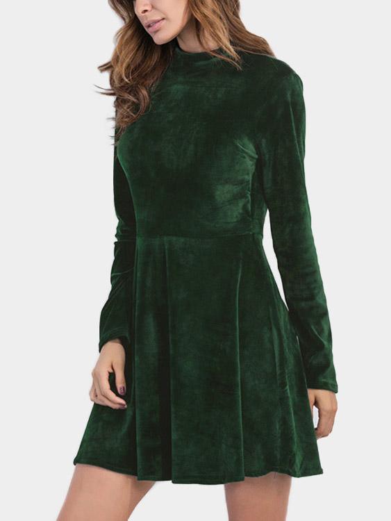 Green Chimney Collar Pullover Long Sleeve Plain Backless Sexy Dress