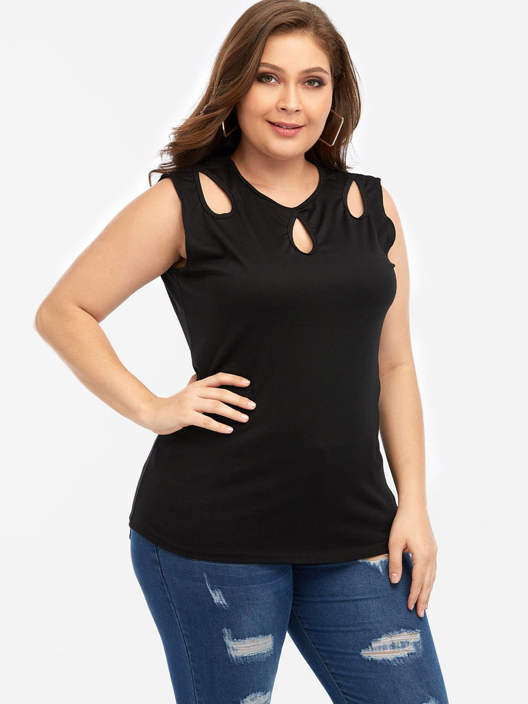 Round Neck Plain Cut Out Sleeveless Black Plus Size Tops