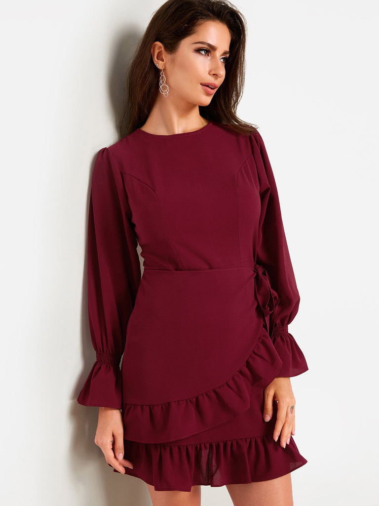 Burgundy Round Neck Plain Self-Tie Flounced Hem Sexy Dress