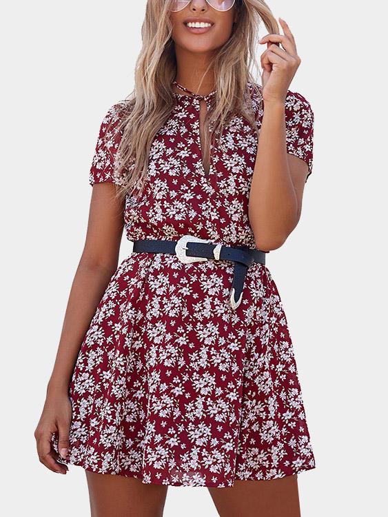 Random Floral Print Tight Waist Mini Dress