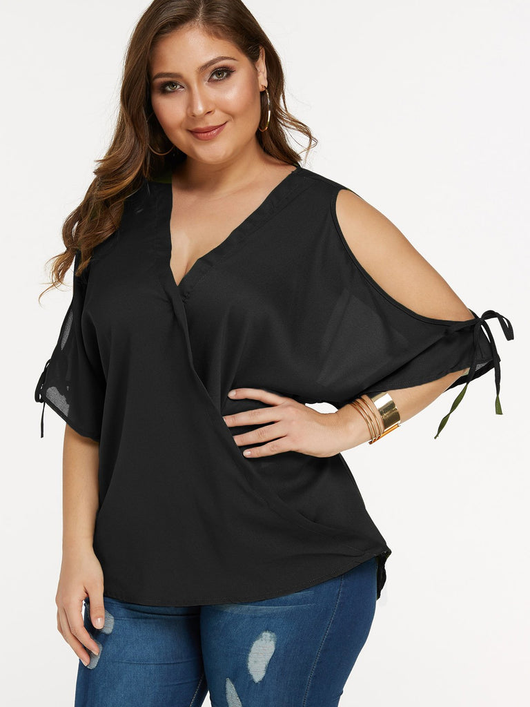 V-Neck Cold Shoulder Plain Self-Tie 3/4 Sleeve Plus Size Tops