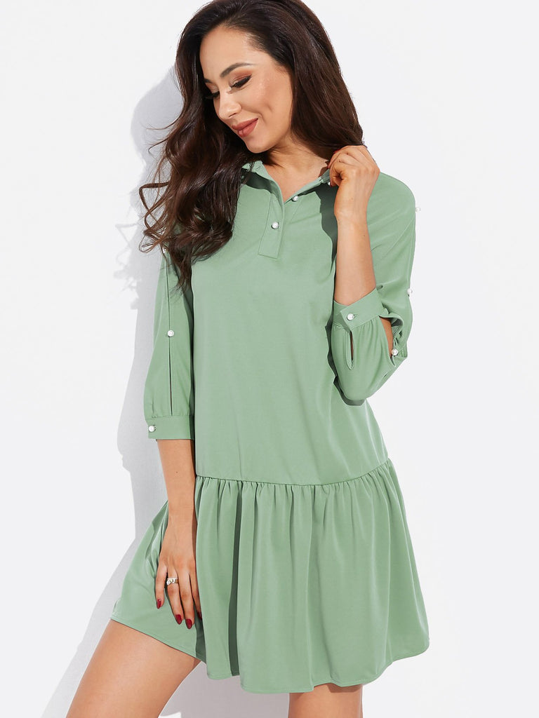 Green Lapel Collar 3/4 Sleeve Length Cut Out Pleated Ruffle Hem Casual Dresses