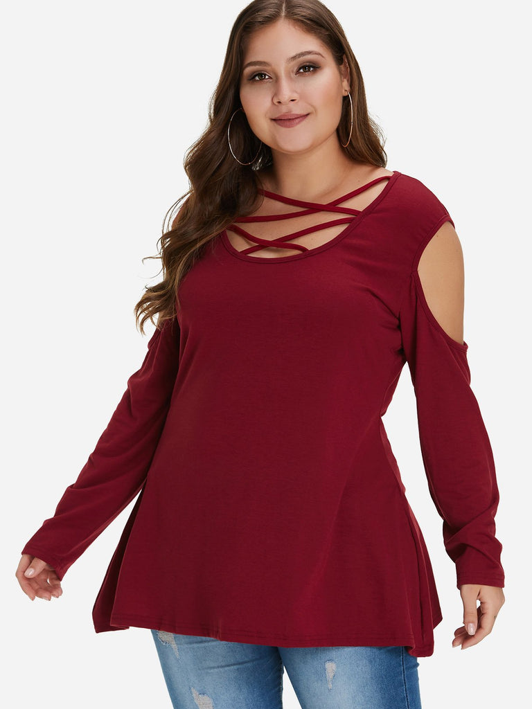 Scoop Neck Plain Cut Out Long Sleeve Burgundy Plus Size Tops