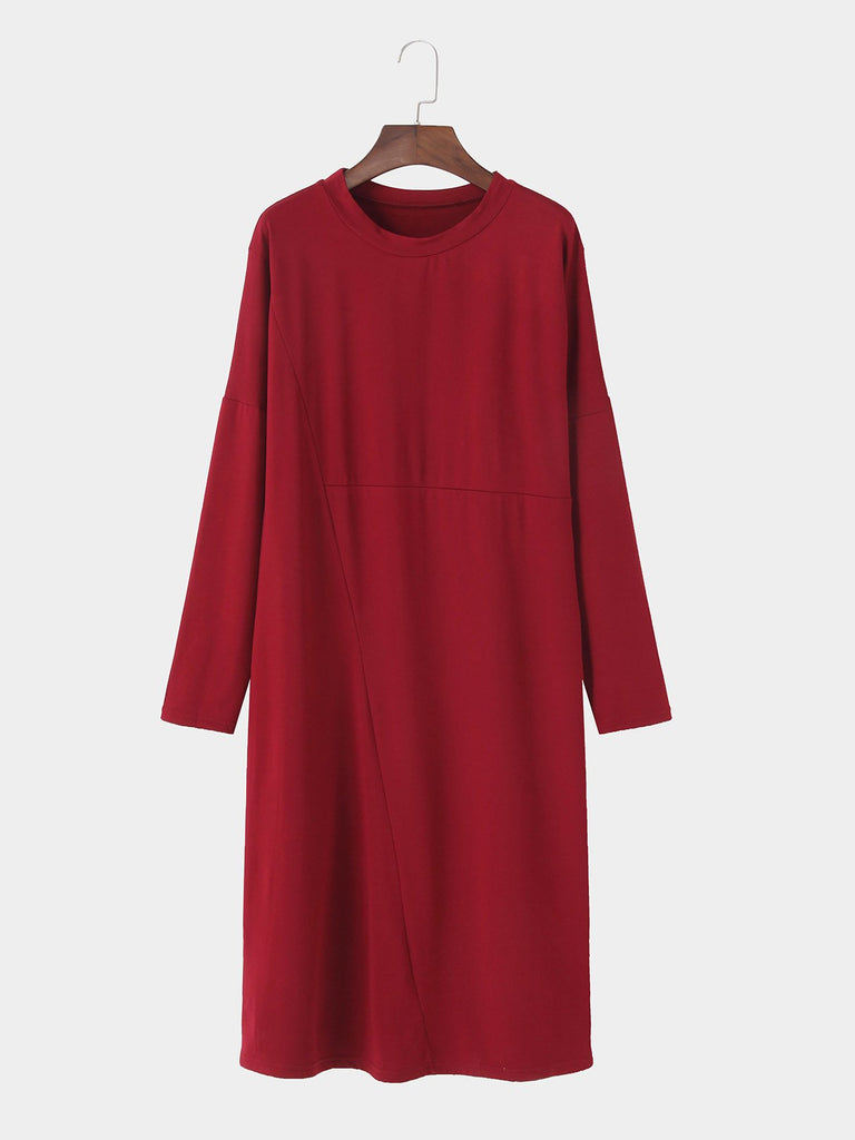 Round Neck Plain Long Sleeve Red Plus Size Dress