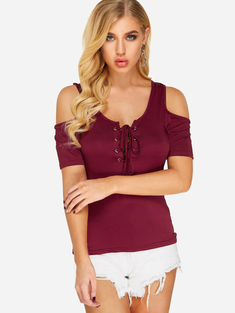 V-Neck Cold Shoulder Plain Lace-Up Short Sleeve Burgundy T-Shirts