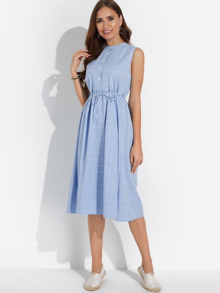 Blue Round Neck Sleeveless Grid Self-Tie Casual Dresses