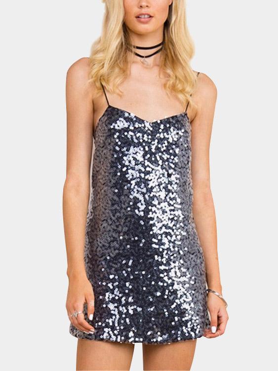 Silver V-Neck Sleeveless Backless Sequins Embellished Mini Dresses