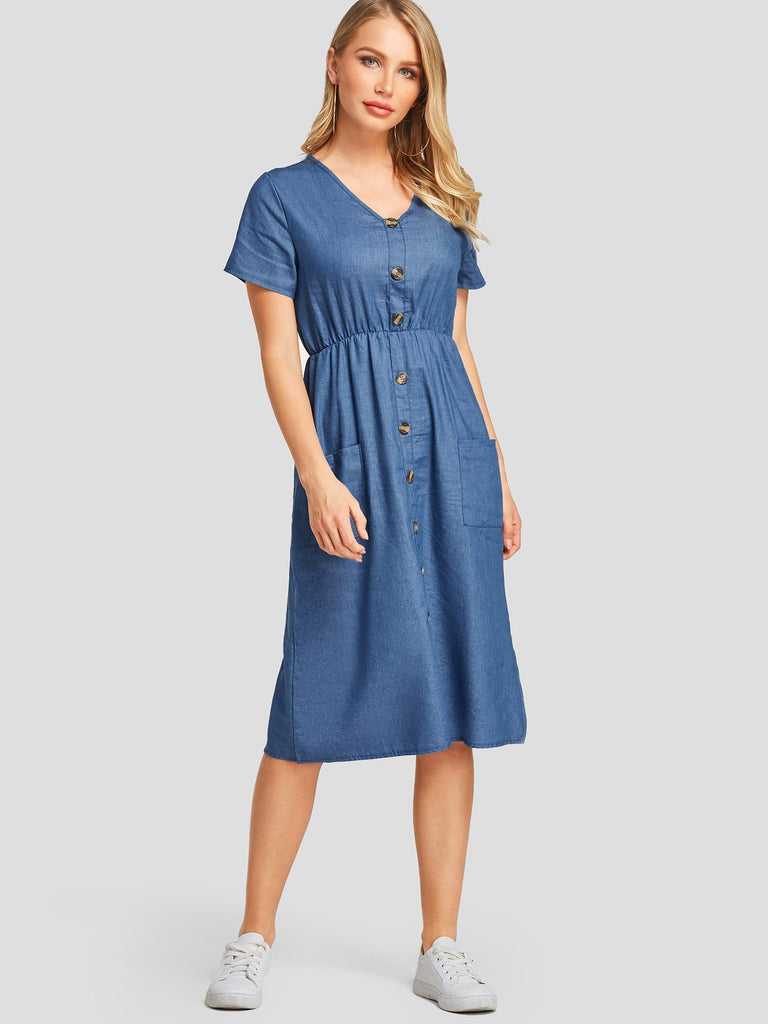 V-Neck Short Sleeve Plain Wrap Dresses