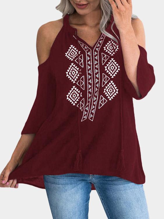 V-Neck Cold Shoulder Printed 3/4 Sleeve T-Shirts