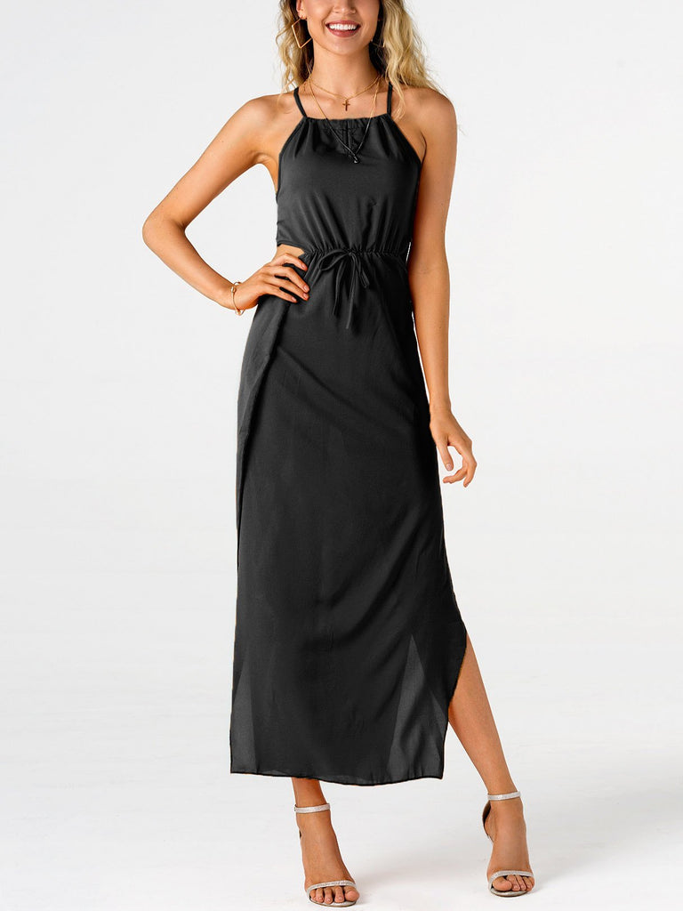 Halter Plain Backless Lace-Up Cut Out Slit Spaghetti Strap Sleeveless Black Casual Dresses