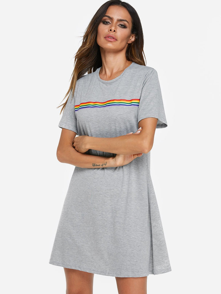 Grey Round Neck Short Sleeve Casual Dress