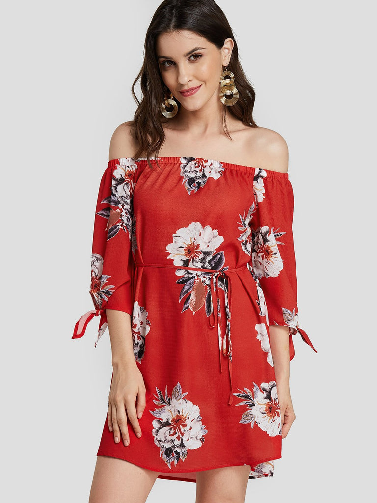 Red Off The Shoulder 3/4 Length Sleeve Floral Print Backless Self-Tie Mini Dresses