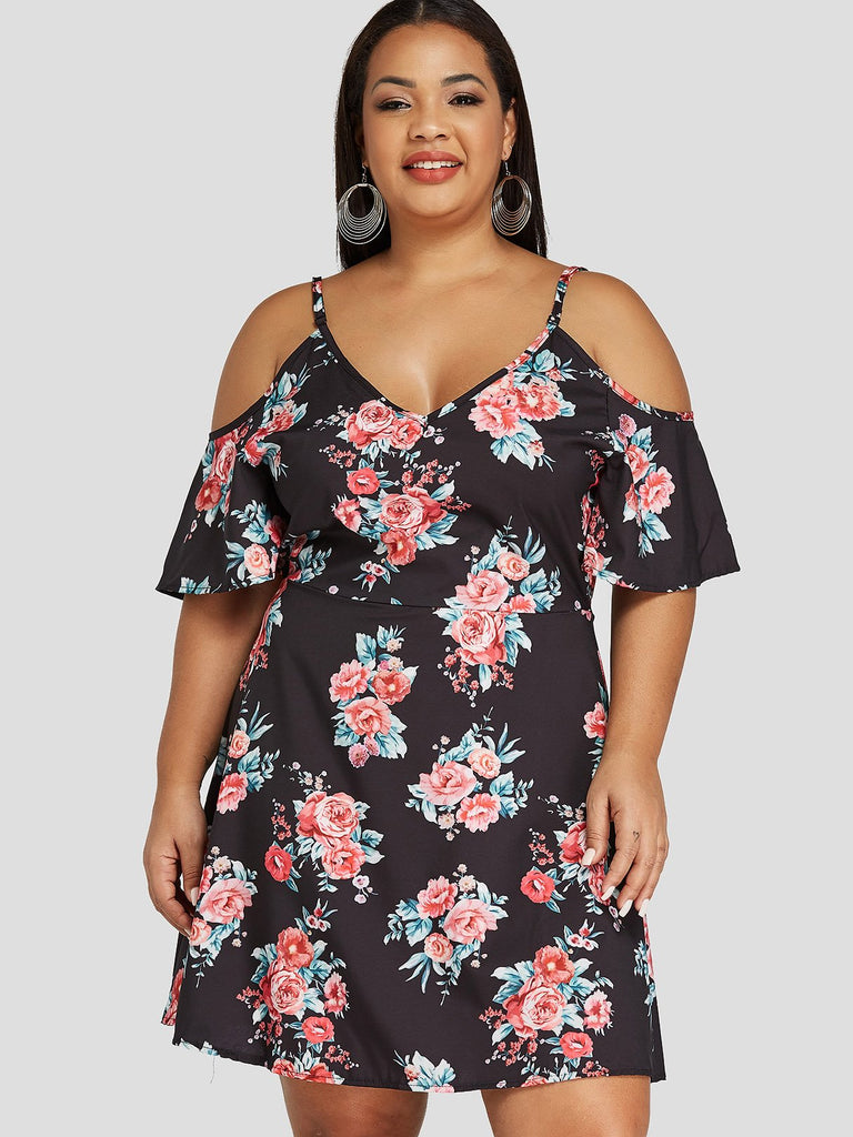 V-Neck Cold Shoulder Floral Print Backless Spaghetti Strap Half Sleeve Flounced Hem Black Plus Size Dresses