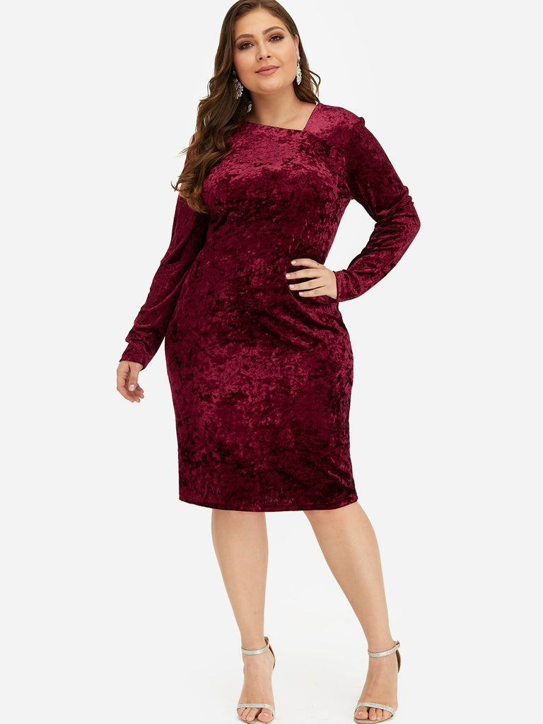 Plain Long Sleeve Bodycon Burgundy Plus Size Dress