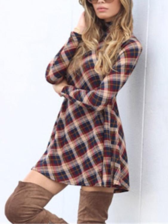 Grid Chimney Collar Long Sleeve Grid Casual Dress