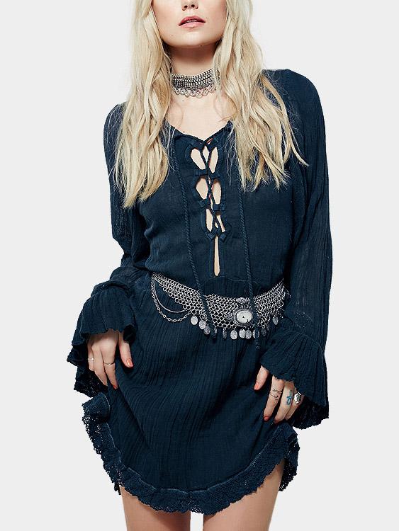 Navy Round Neck Long Sleeve Lace-Up Casual Dress