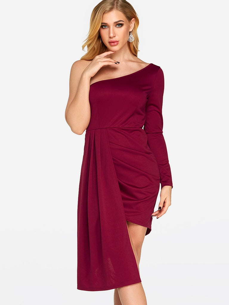 Burgundy One Shoulder Long Sleeve Pleated Irregular Hem Sexy Dresses