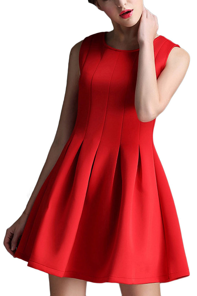 Red Round Neck Sleeveless Zip Back Flounced Hem Sexy Dresses