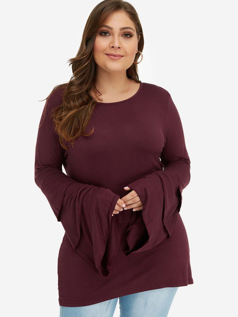 Scoop Neck Plain Tiered Pleated Long Sleeve Burgundy Plus Size Tops