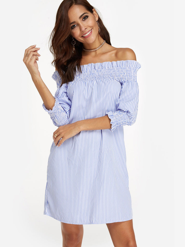 Sky Blue Off The Shoulder Half Sleeve Stripe Backless Lace-Up Dress