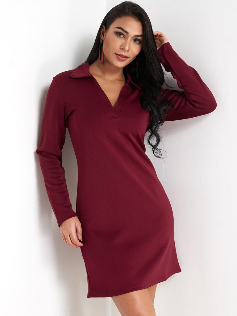 Burgundy Deep V Neck Long Sleeve Plain Mini Dress