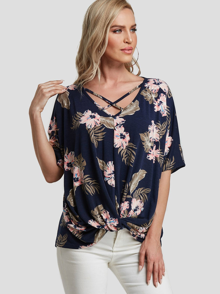 V-Neck Floral Print Criss-Cross Twist Short Sleeve Navy T-Shirts