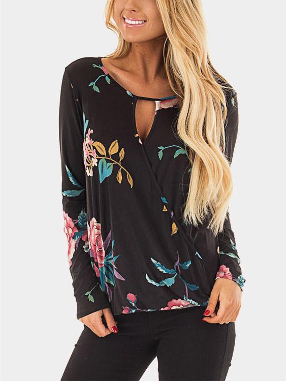 V-Neck Floral Print Long Sleeve Black T-Shirts