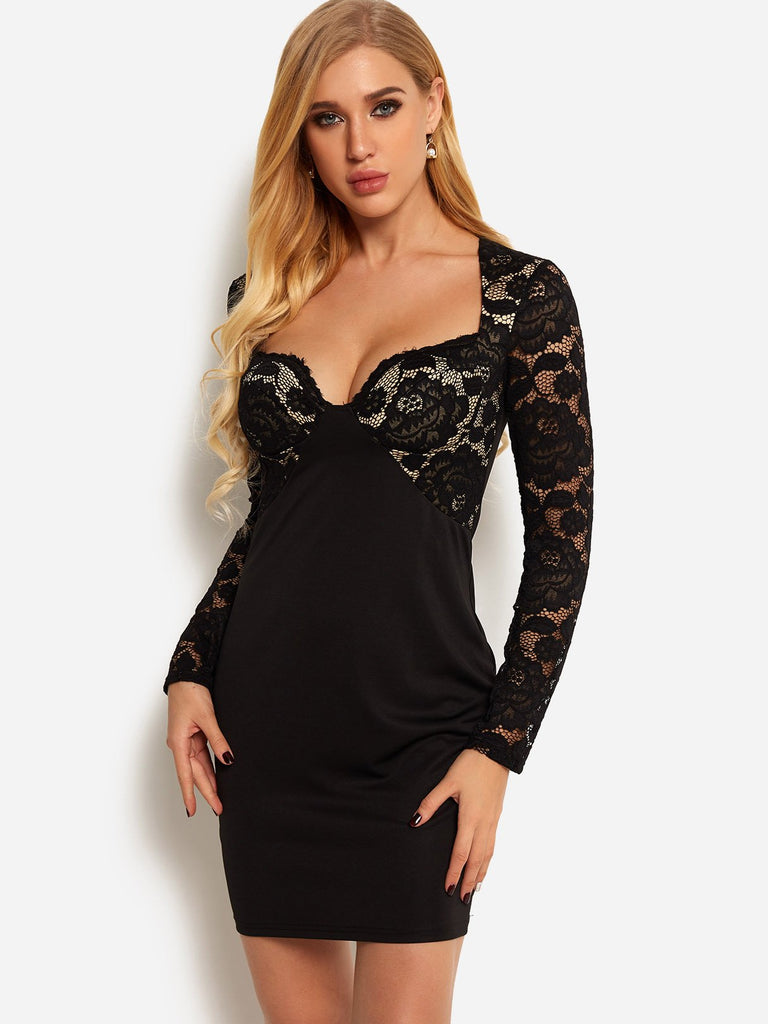 Black Scoop Neck Long Sleeve Plain Lace Sexy Dress