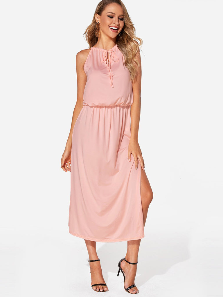 Halter Sleeveless Plain Cut Out Slit Hem Pink Sexy Dresses