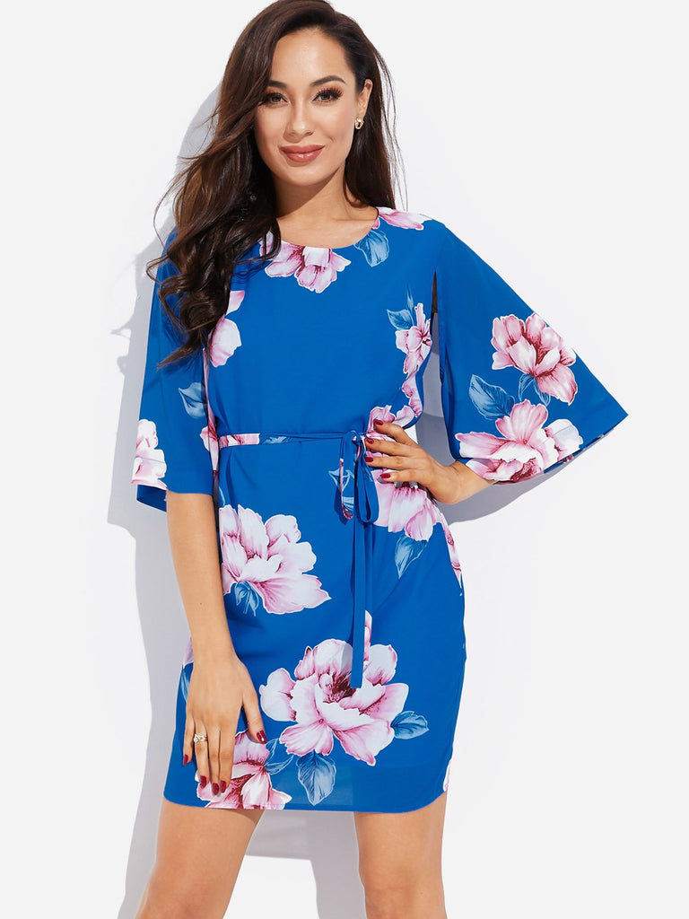 Blue Round Neck Long Sleeve Floral Print Slit Self-Tie Dresses