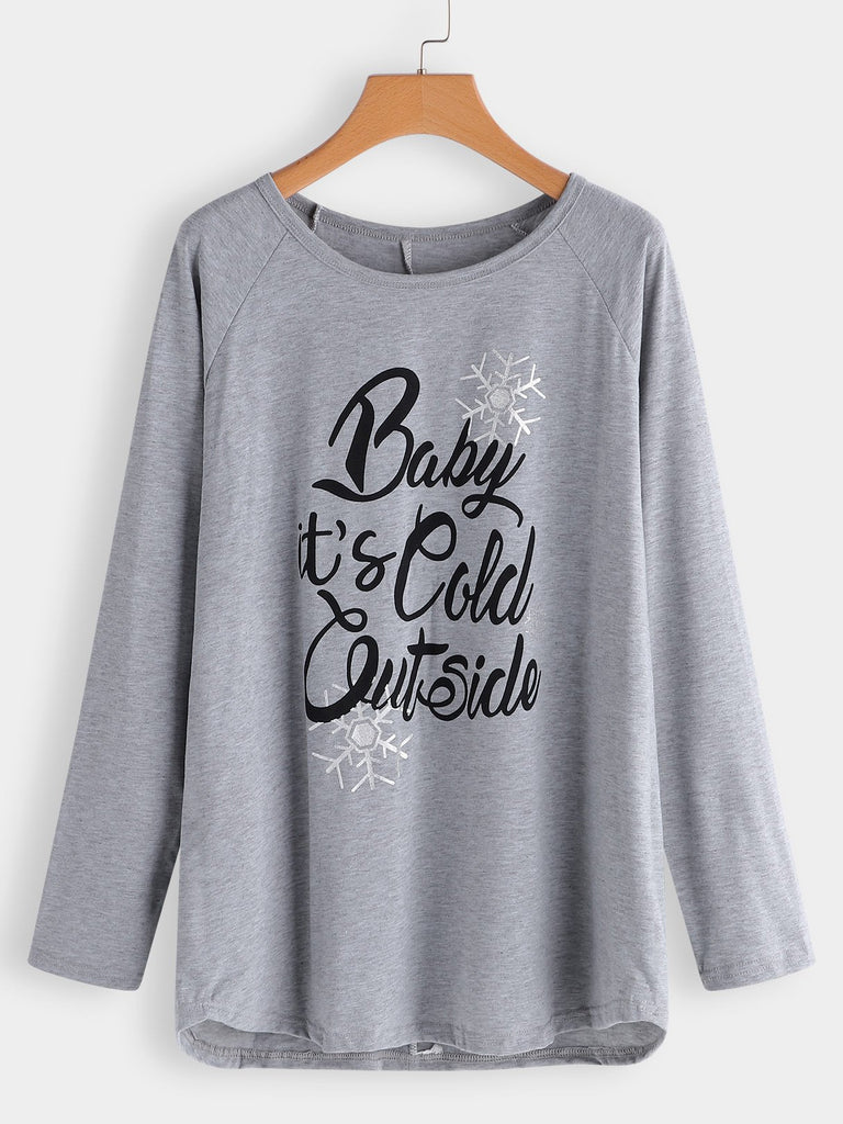 Round Neck Letter Long Sleeve Plus Size Tops