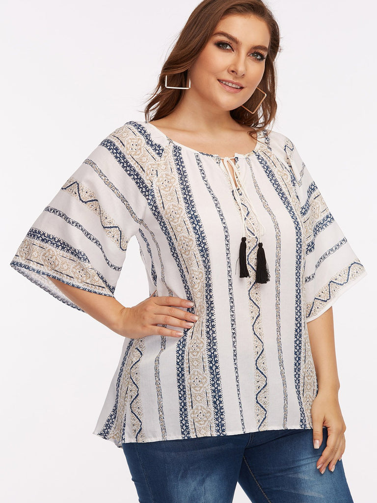 Round Neck Tassel Half Sleeve Flounced Hem Plus Size Tops