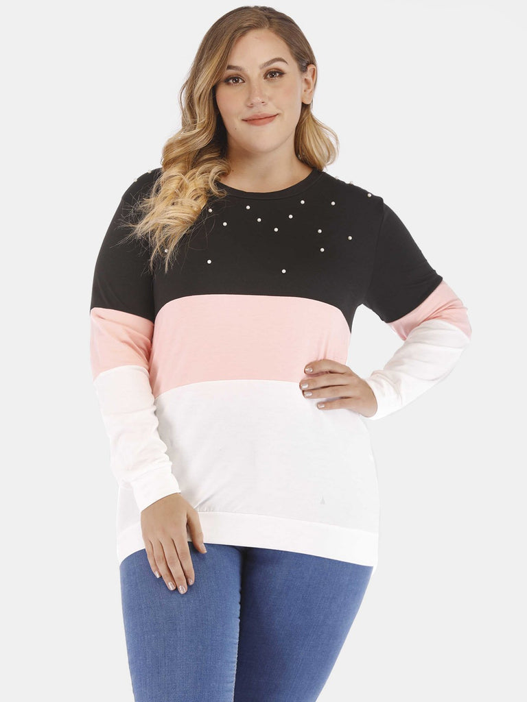 Round Neck Plain Handmade Beaded Long Sleeve Plus Size Tops